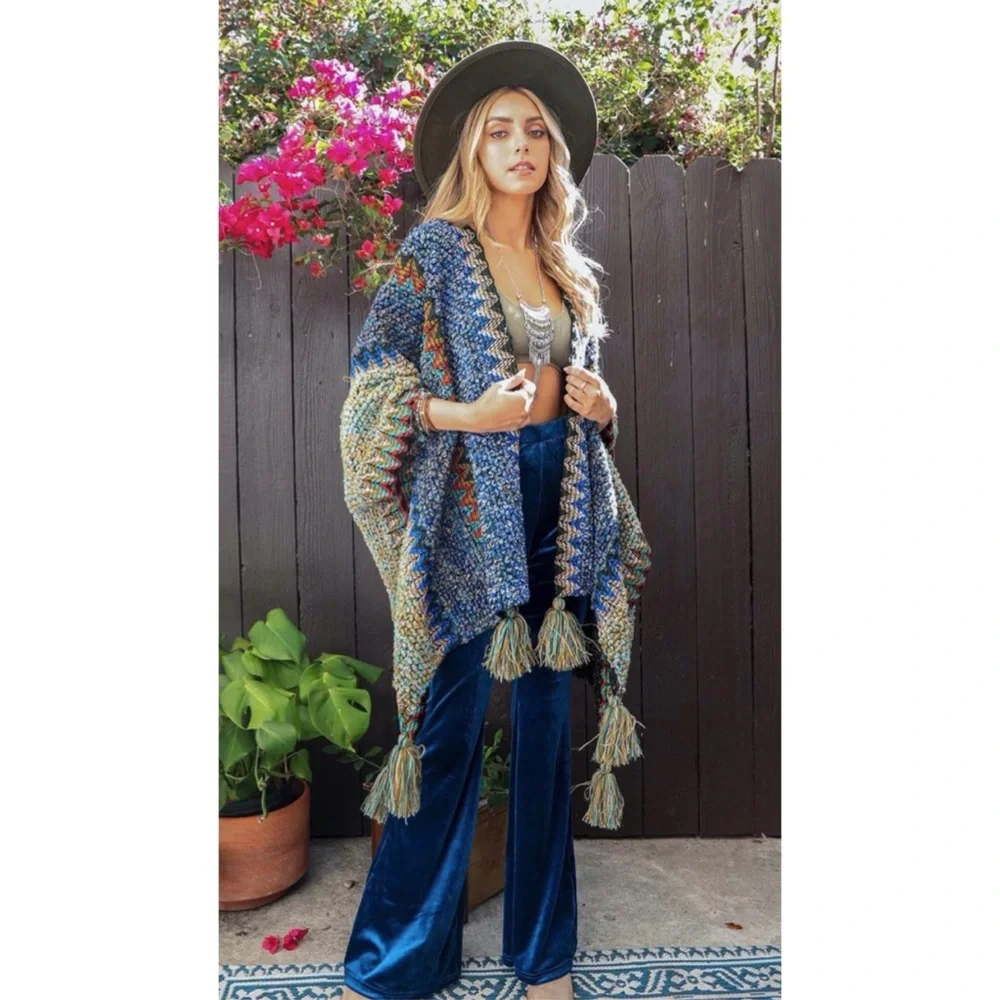 Couture Gypsy | Sweaters | Boho Cobalt Blue Multicolor Tassel Poncho ...